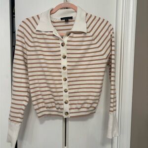 Ann Taylor Cream and Tan Striped Collared Button-Front Sweater